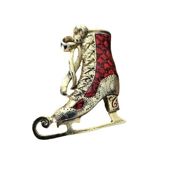 Victorian Ice Skate Brooch Goldtone Red Enamel - Picture 1 of 5